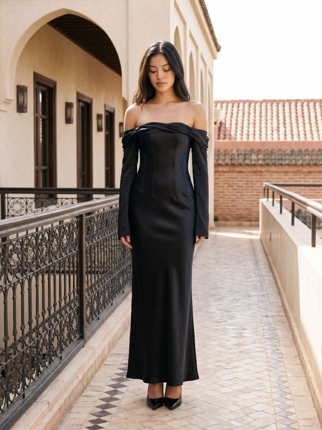 Black Satin Sheath Cowl Neck Backless Floor-Length Formal Dress with Pleating
