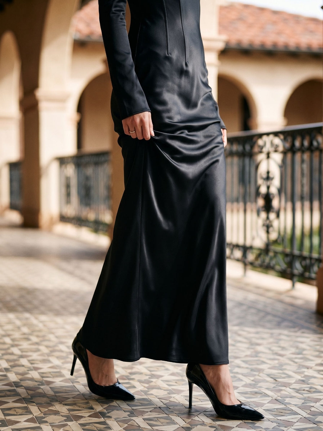 Black Satin Sheath Cowl Neck Backless Floor-Length Formal Dress with Pleating