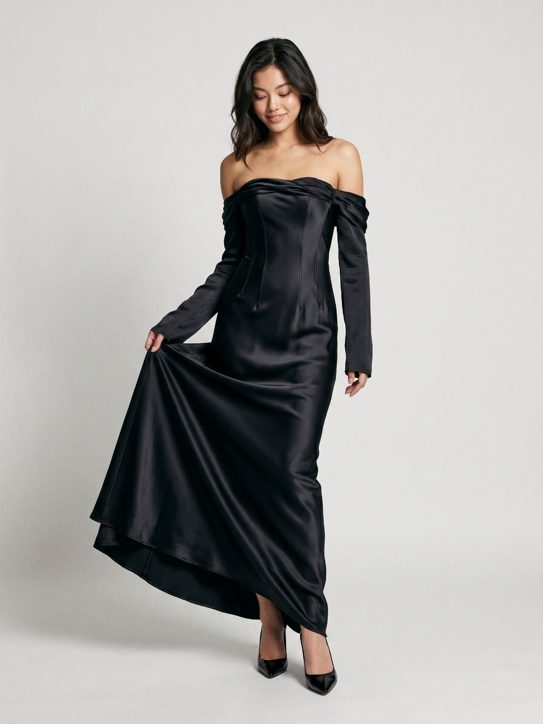 Black Satin Sheath Cowl Neck Backless Floor-Length Formal Dress with Pleating