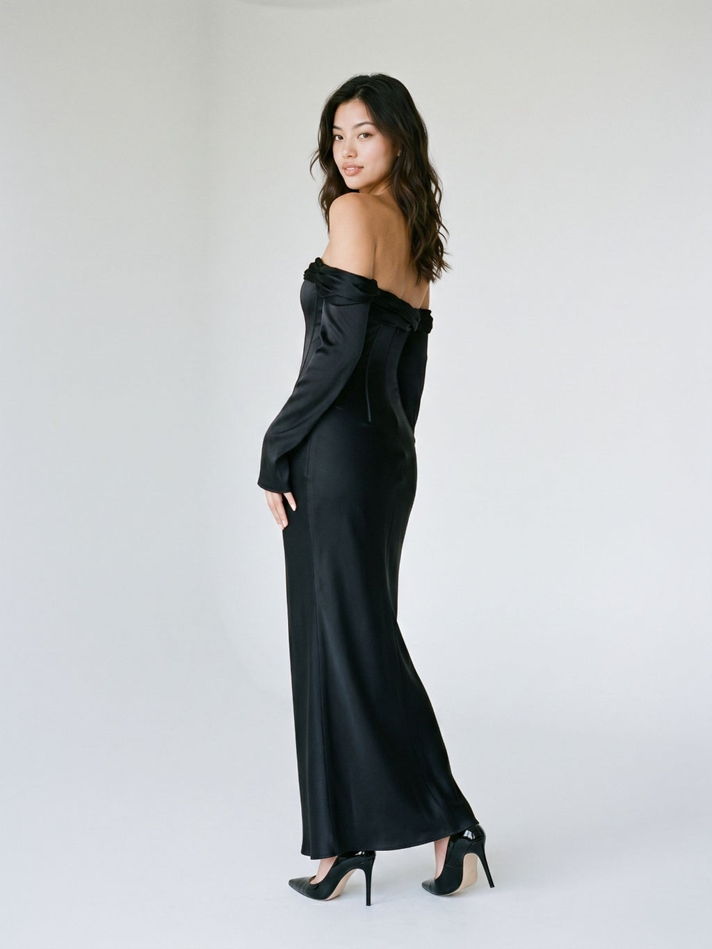 Black Satin Sheath Cowl Neck Backless Floor-Length Formal Dress with Pleating