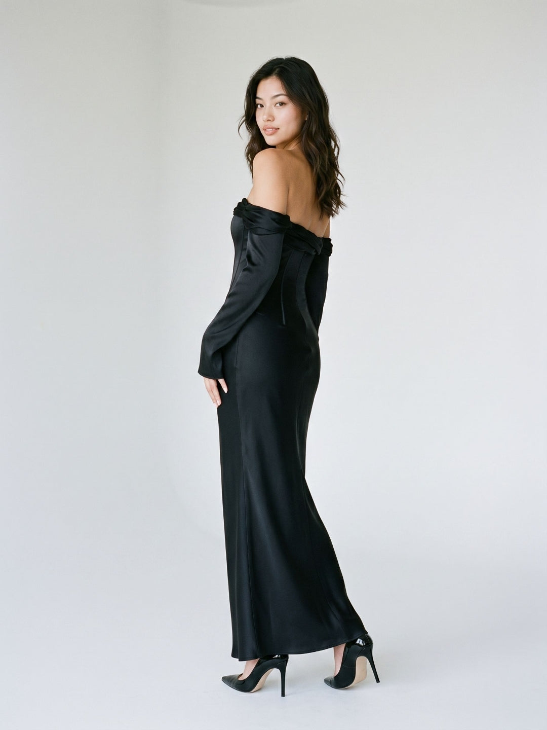 Black Satin Sheath Cowl Neck Backless Floor-Length Formal Dress with Pleating