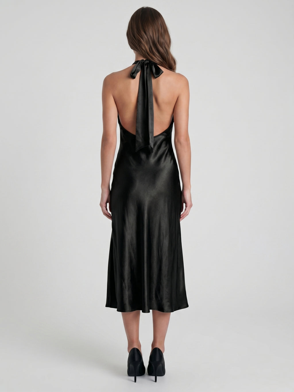 Black Satin Sheath Cowl Neck Bow Back Tea-Length Bridesmaid Dress with Bow