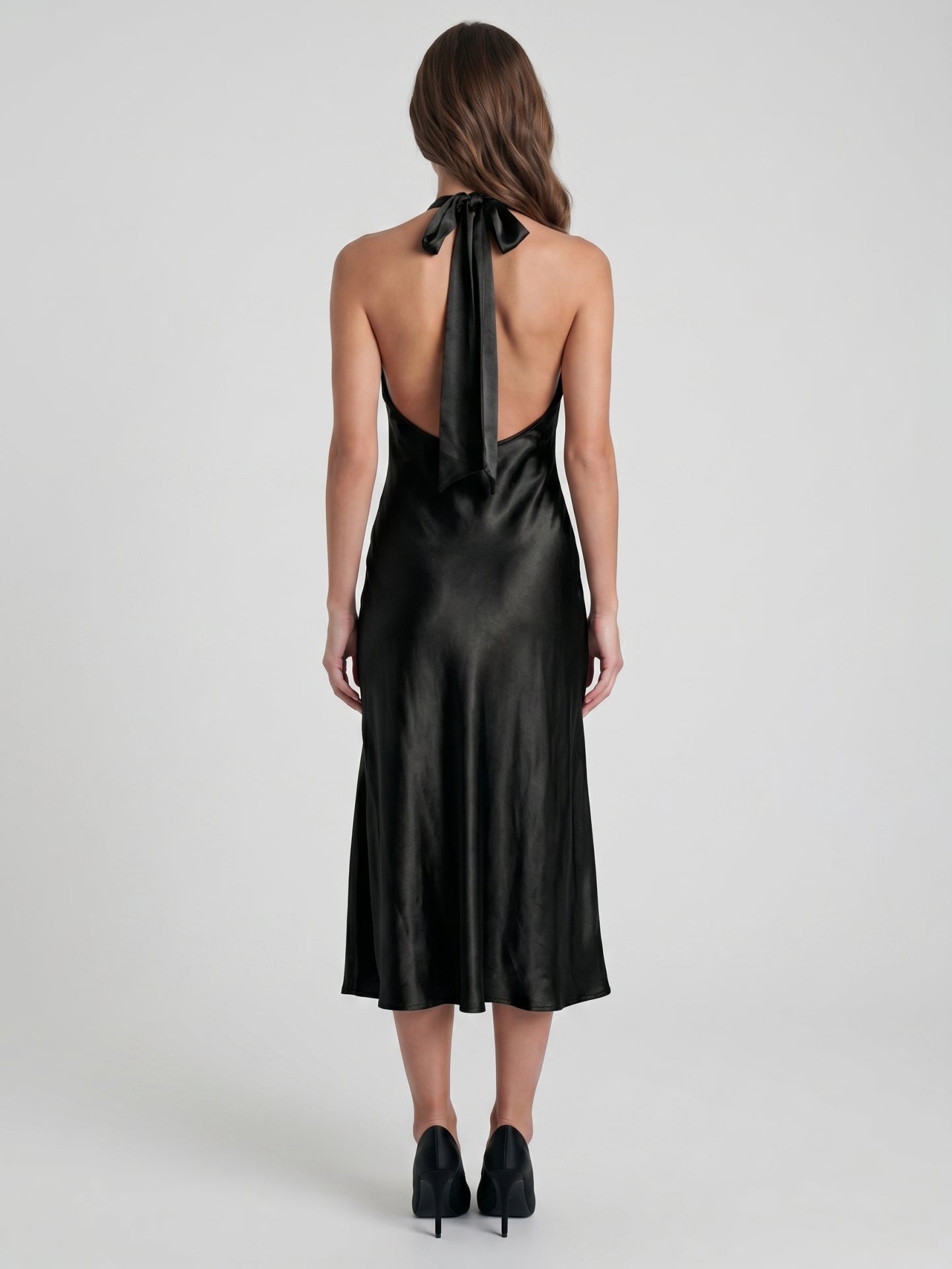 Black Satin Sheath Cowl Neck Bow Back Tea-Length Bridesmaid Dress with Bow