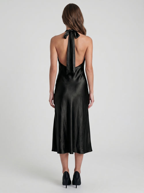 Black Satin Sheath Cowl Neck Bow Back Tea-Length Bridesmaid Dress with Bow