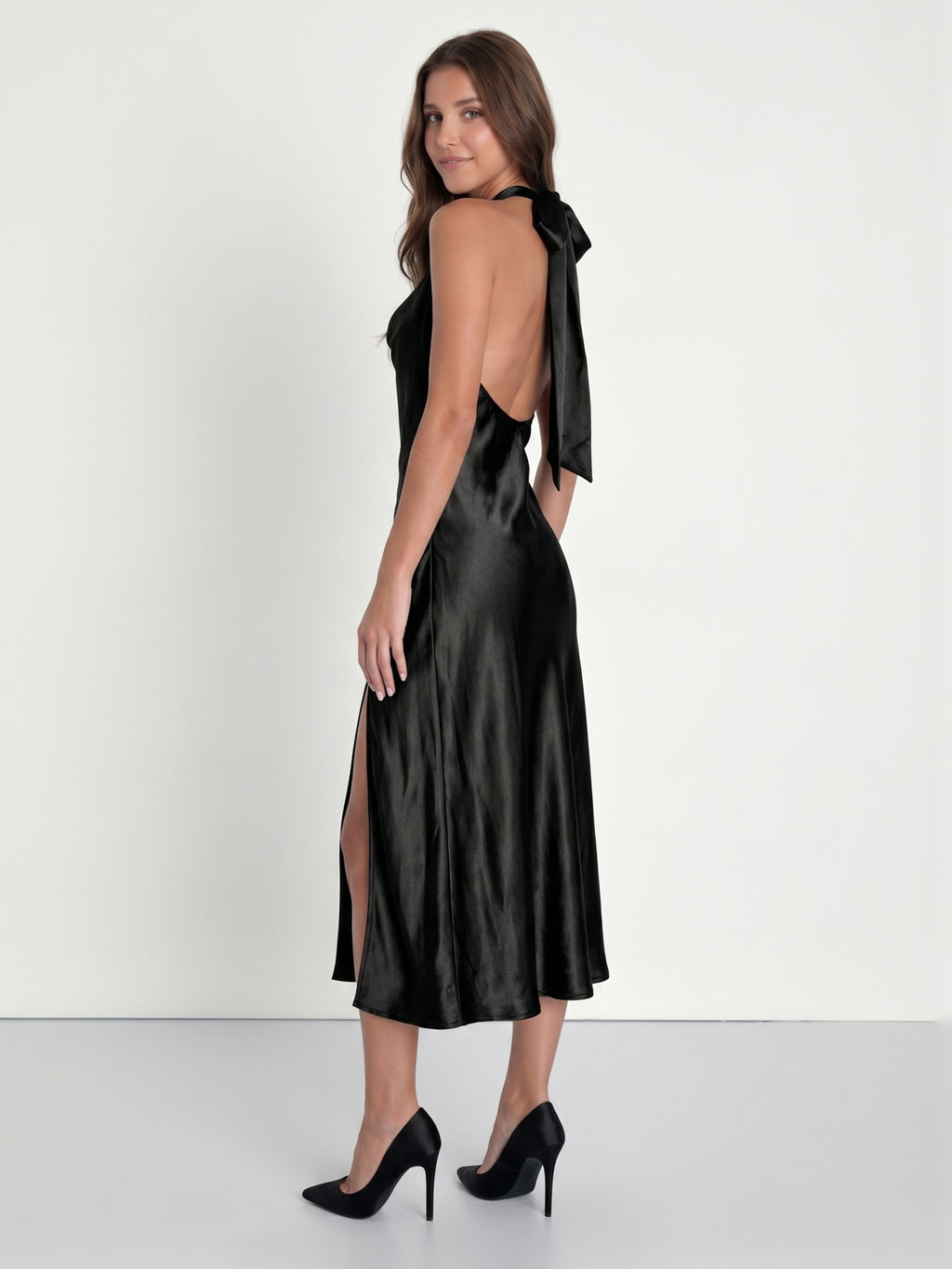 Black Satin Sheath Cowl Neck Bow Back Tea-Length Bridesmaid Dress with Bow