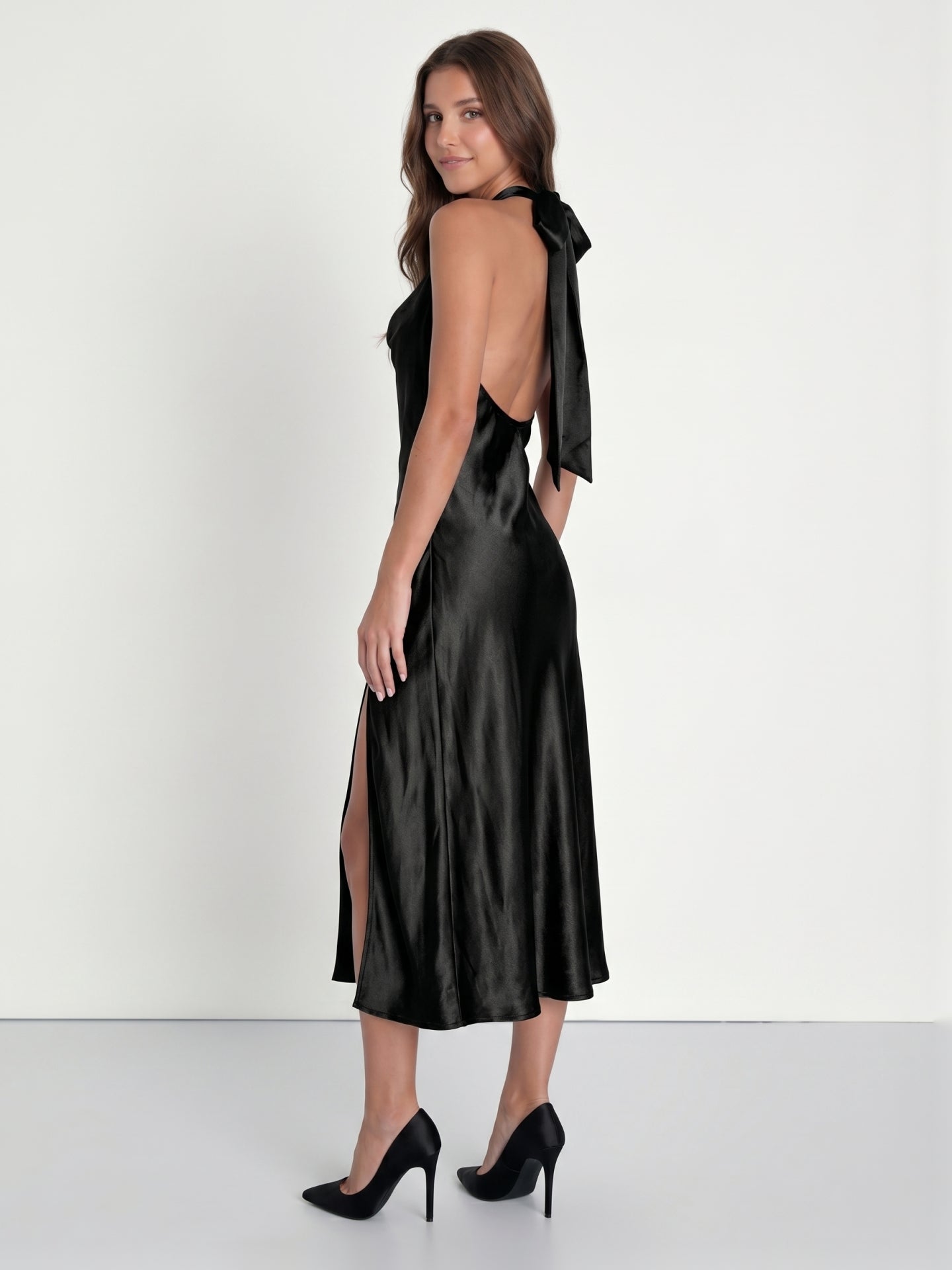 Black Satin Sheath Cowl Neck Bow Back Tea-Length Bridesmaid Dress with Bow