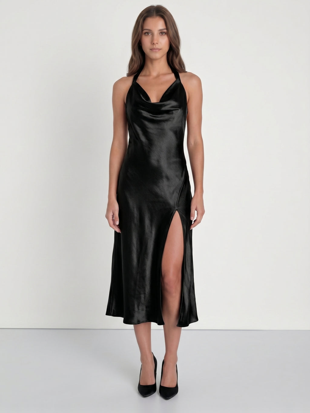 Black Satin Sheath Cowl Neck Bow Back Tea-Length Bridesmaid Dress with Bow