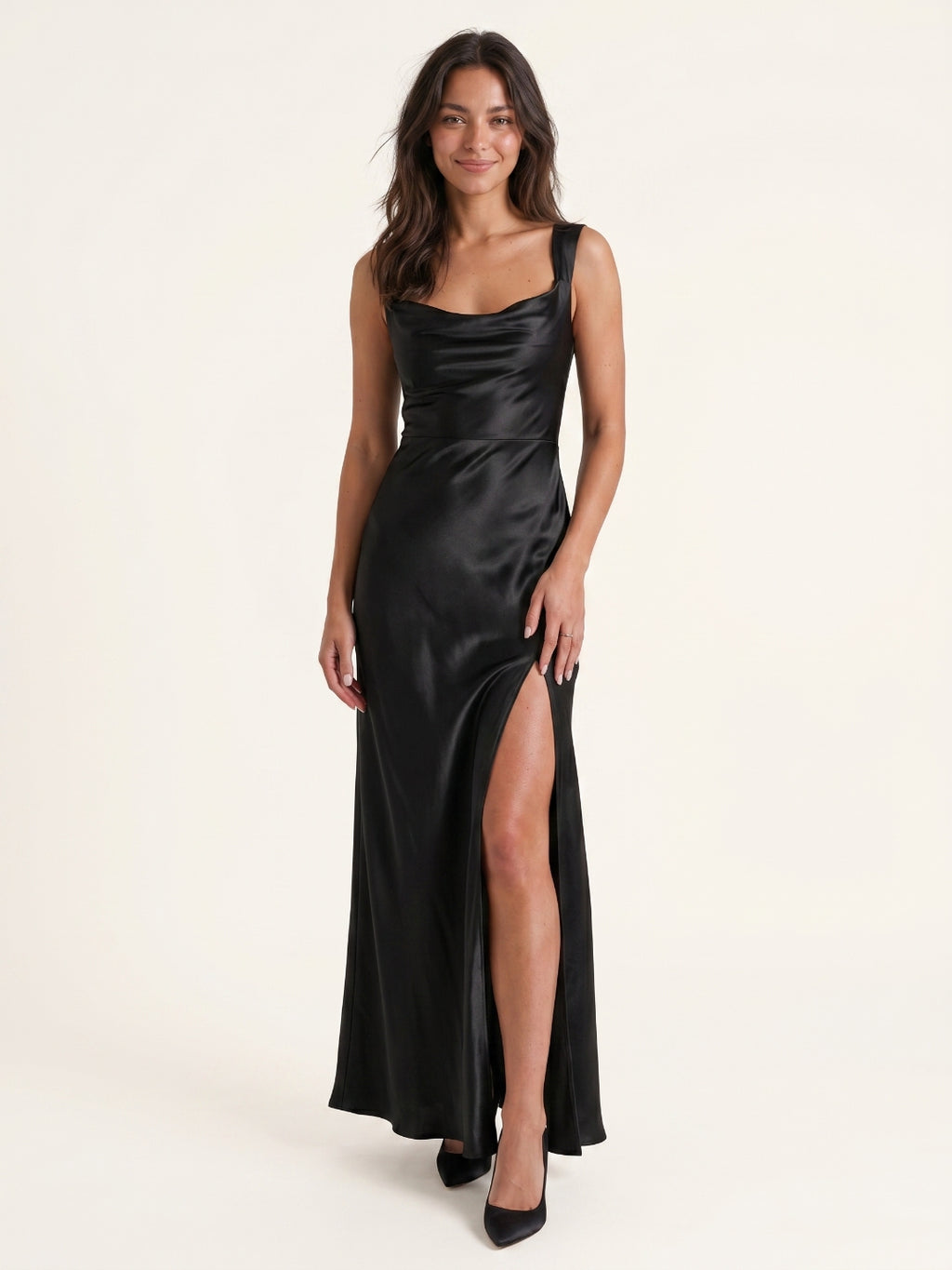 Black Satin Sheath Cowl Neck Lace-up Ankle-Length Bridesmaid Dress