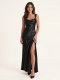 Black Satin Sheath Cowl Neck Lace-up Ankle-Length Bridesmaid Dress