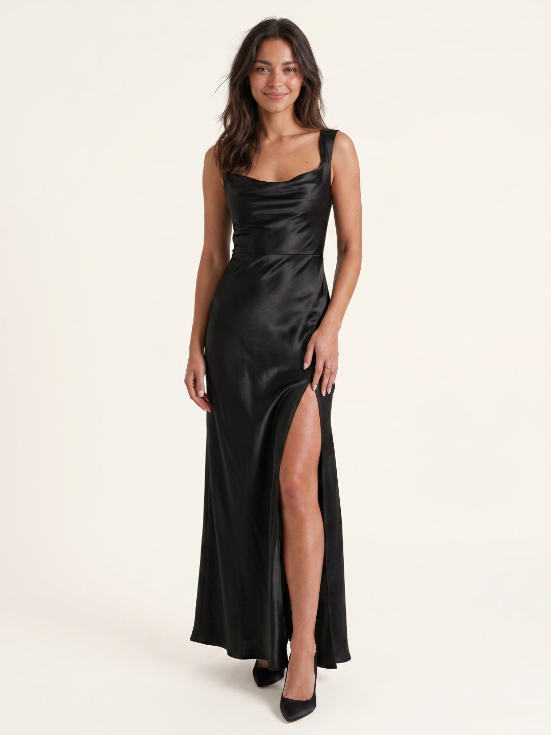 Black Satin Sheath Cowl Neck Lace-up Ankle-Length Bridesmaid Dress