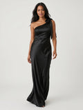 Black Satin Sheath One Shoulder Side Zip Floor-Length Bridesmaid Dress