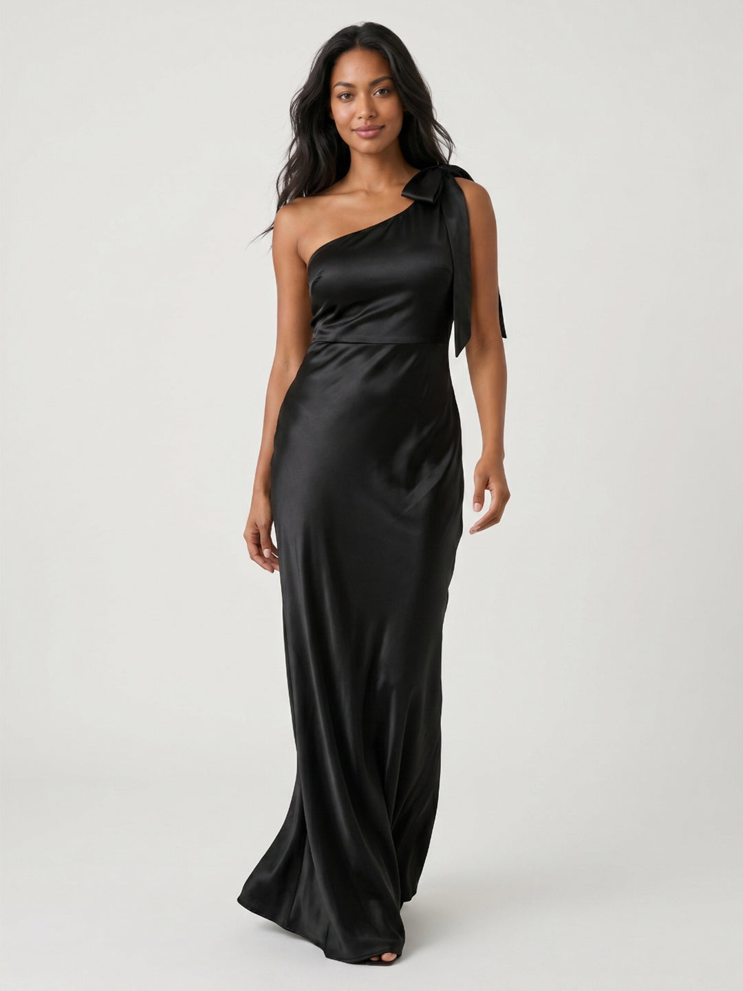 Black Satin Sheath One Shoulder Side Zip Floor-Length Bridesmaid Dress