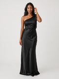 Black Satin Sheath One Shoulder Side Zip Floor-Length Bridesmaid Dress