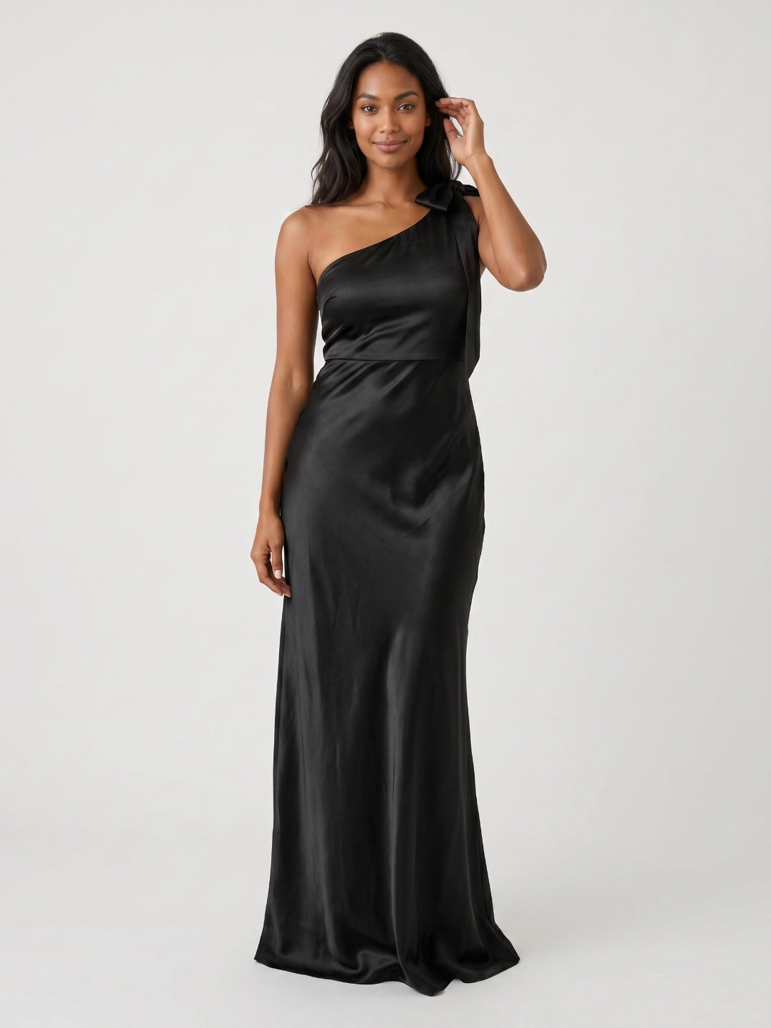 Black Satin Sheath One Shoulder Side Zip Floor-Length Bridesmaid Dress