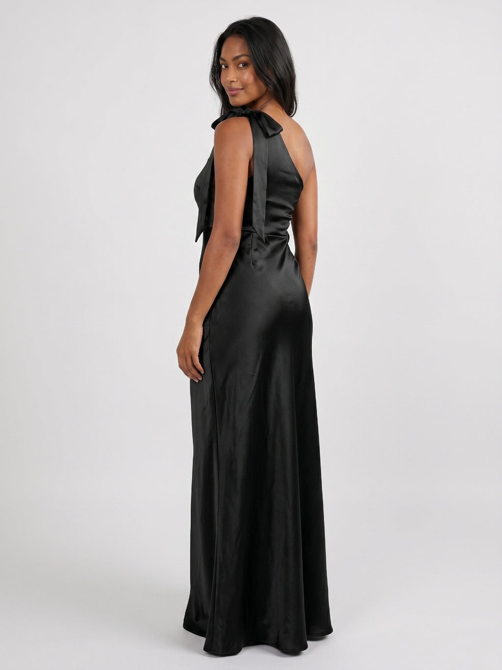 Black Satin Sheath One Shoulder Side Zip Floor-Length Bridesmaid Dress