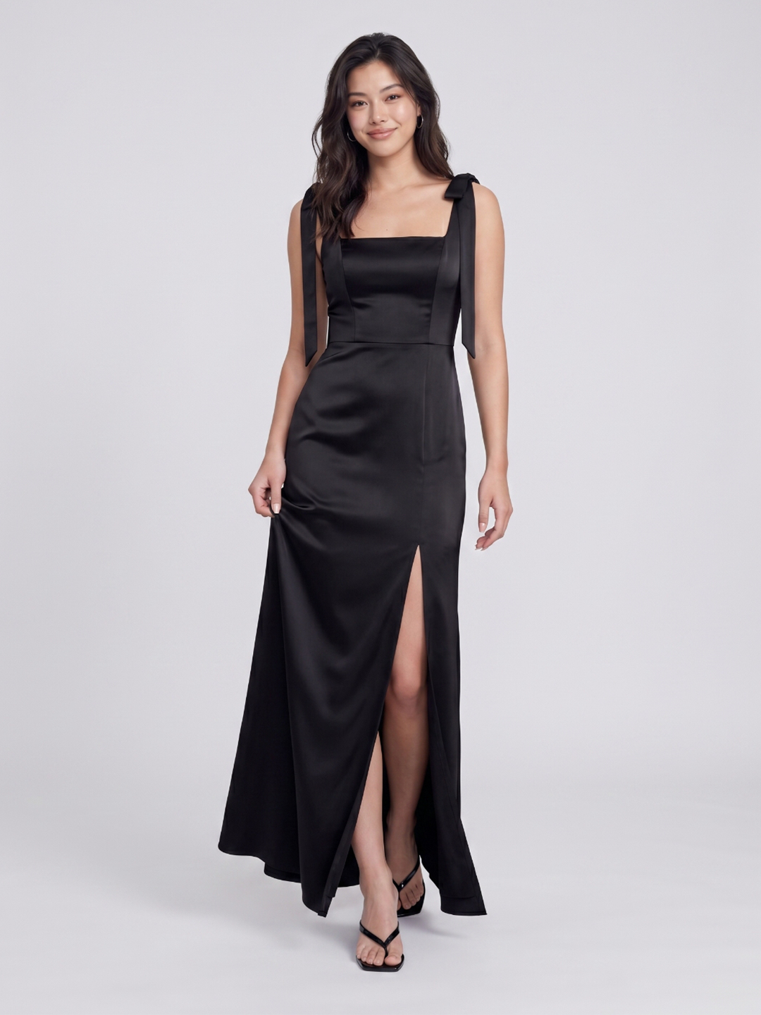 Black Satin Sheath Square Neck Backless Floor-Length Bridesmaid Dress