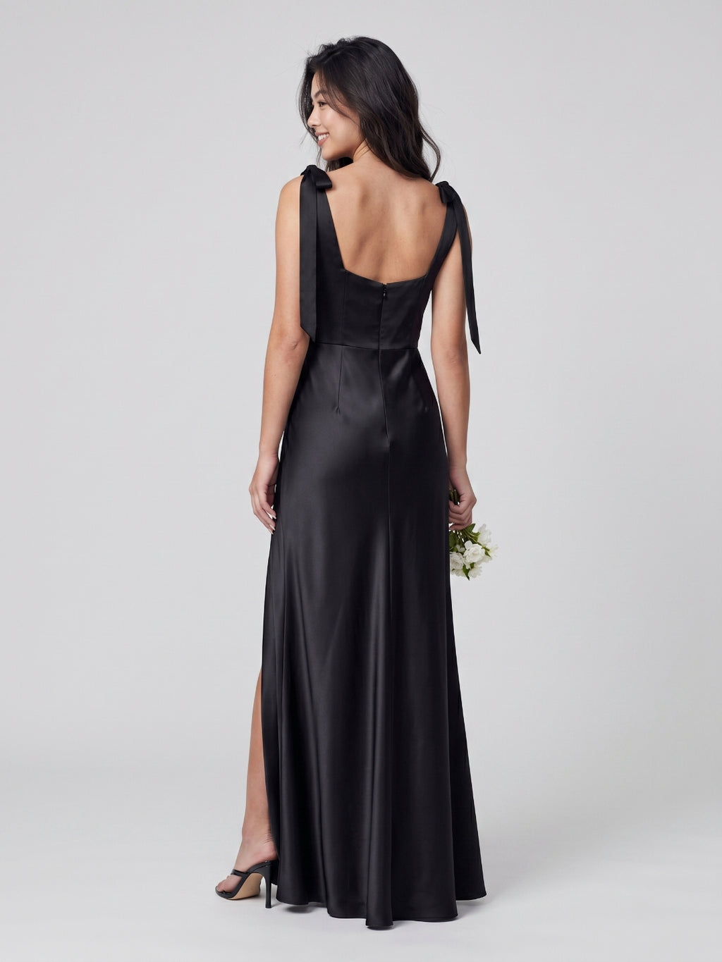 Black Satin Sheath Square Neck Backless Floor-Length Bridesmaid Dress