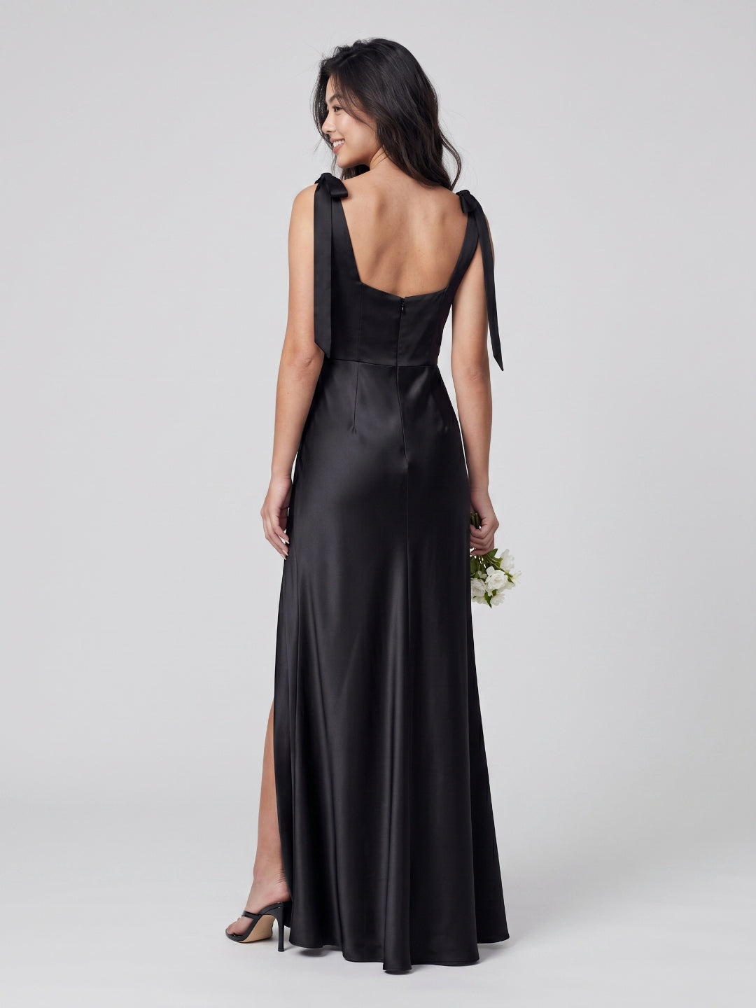 Black Satin Sheath Square Neck Backless Floor-Length Bridesmaid Dress
