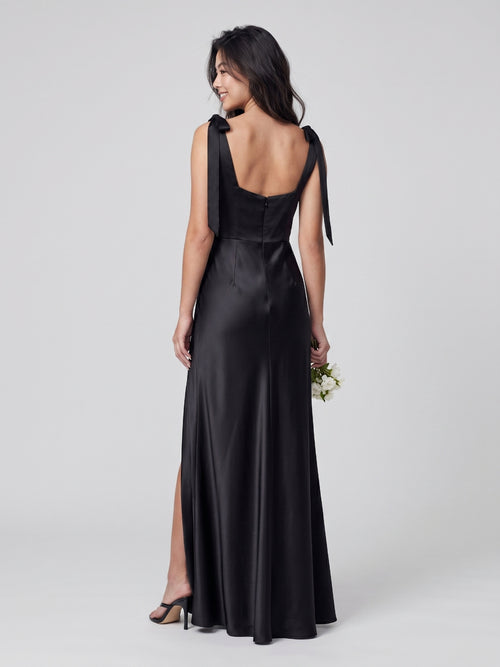 Black Satin Sheath Square Neck Backless Floor-Length Bridesmaid Dress