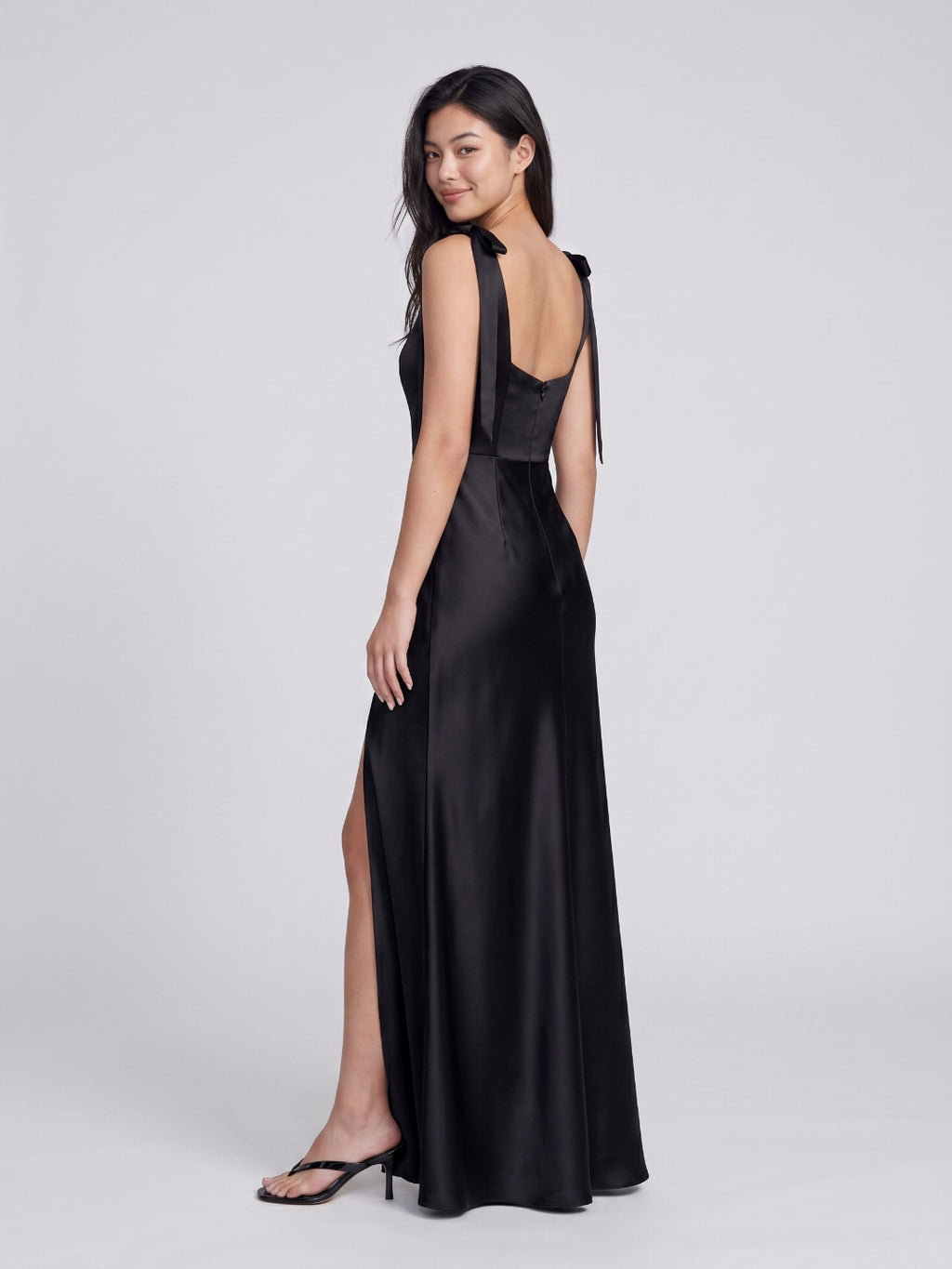 Black Satin Sheath Square Neck Backless Floor-Length Bridesmaid Dress