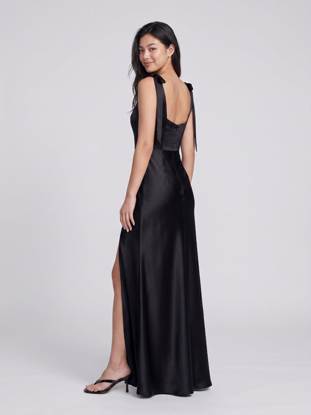Black Satin Sheath Square Neck Backless Floor-Length Bridesmaid Dress