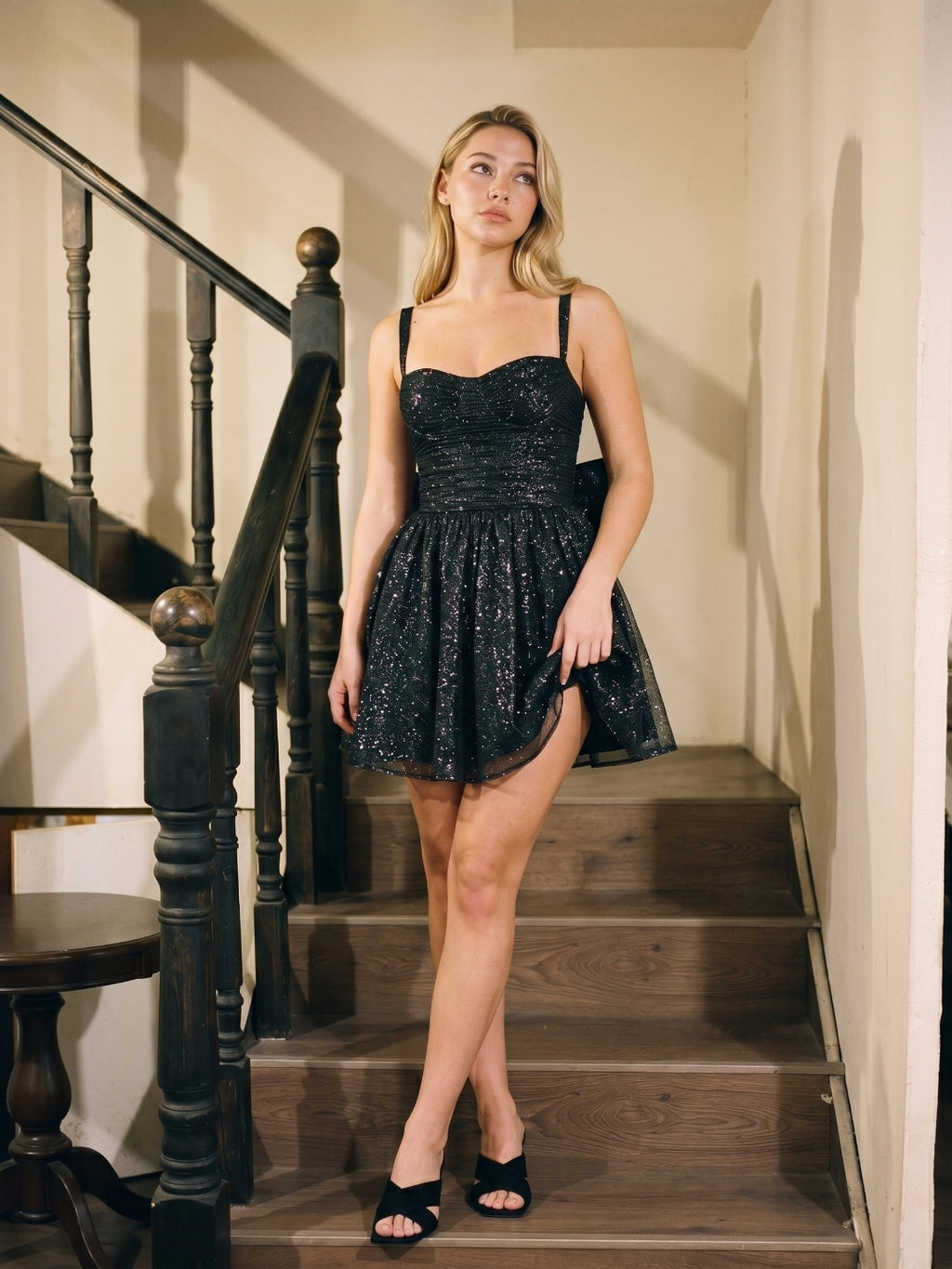 Black Sequin A-Line Sweetheart Backless Short Homecoming Dress with Bow