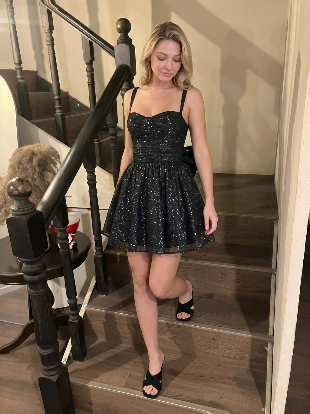 Black Sequin A-Line Sweetheart Backless Short Homecoming Dress with Bow