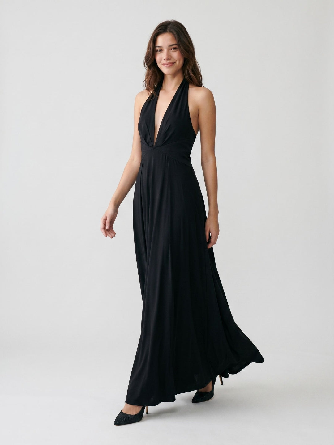Black Stretch Knit A-Line Halter Neckline Side Zip Floor-Length Evening Dress with Pleating