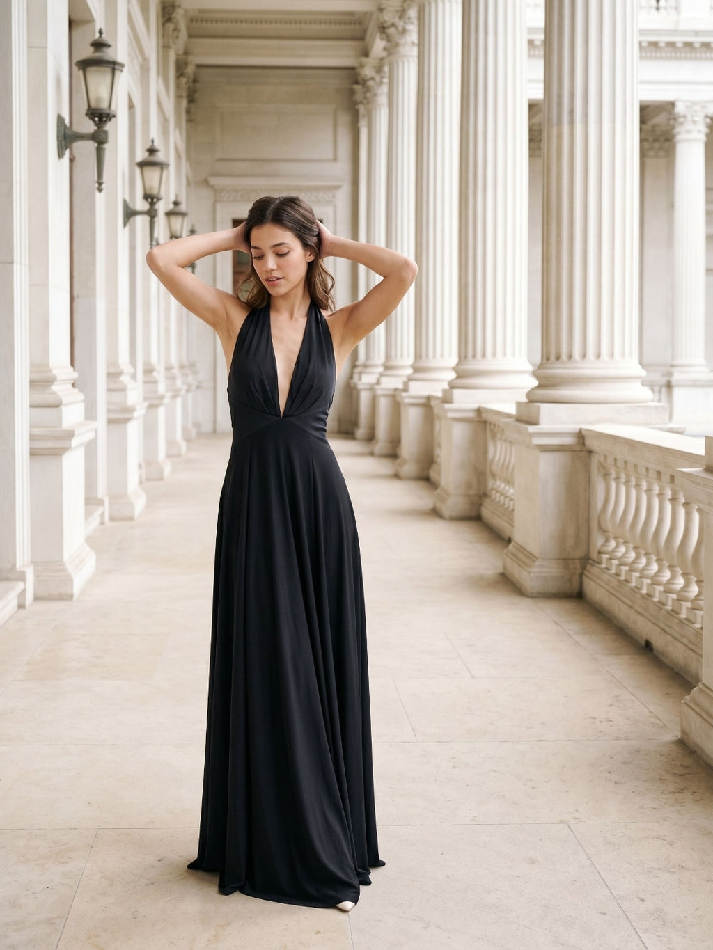 Black Stretch Knit A-Line Halter Neckline Side Zip Floor-Length Evening Dress with Pleating