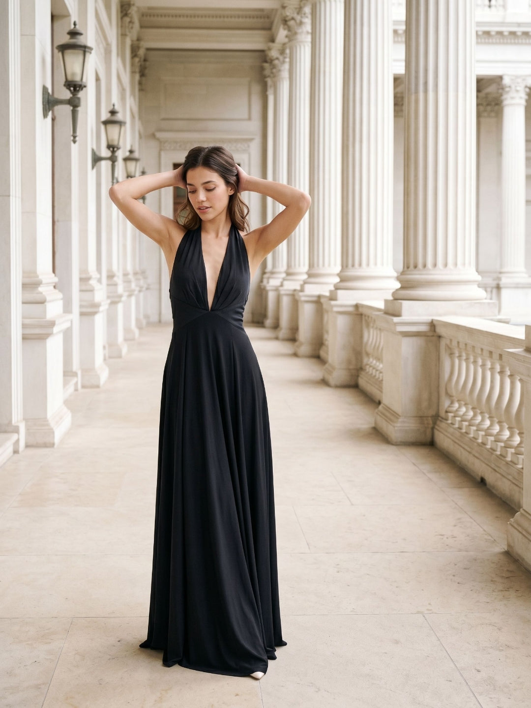 Black Stretch Knit A-Line Halter Neckline Side Zip Floor-Length Evening Dress with Pleating