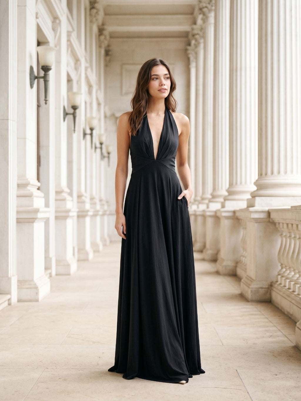 Black Stretch Knit A-Line Halter Neckline Side Zip Floor-Length Evening Dress with Pleating