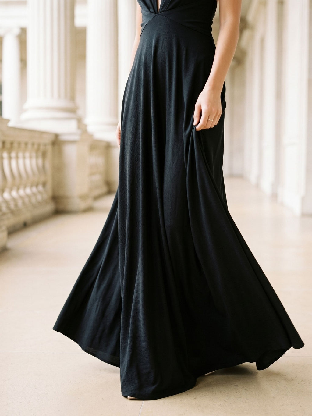 Black Stretch Knit A-Line Halter Neckline Side Zip Floor-Length Evening Dress with Pleating