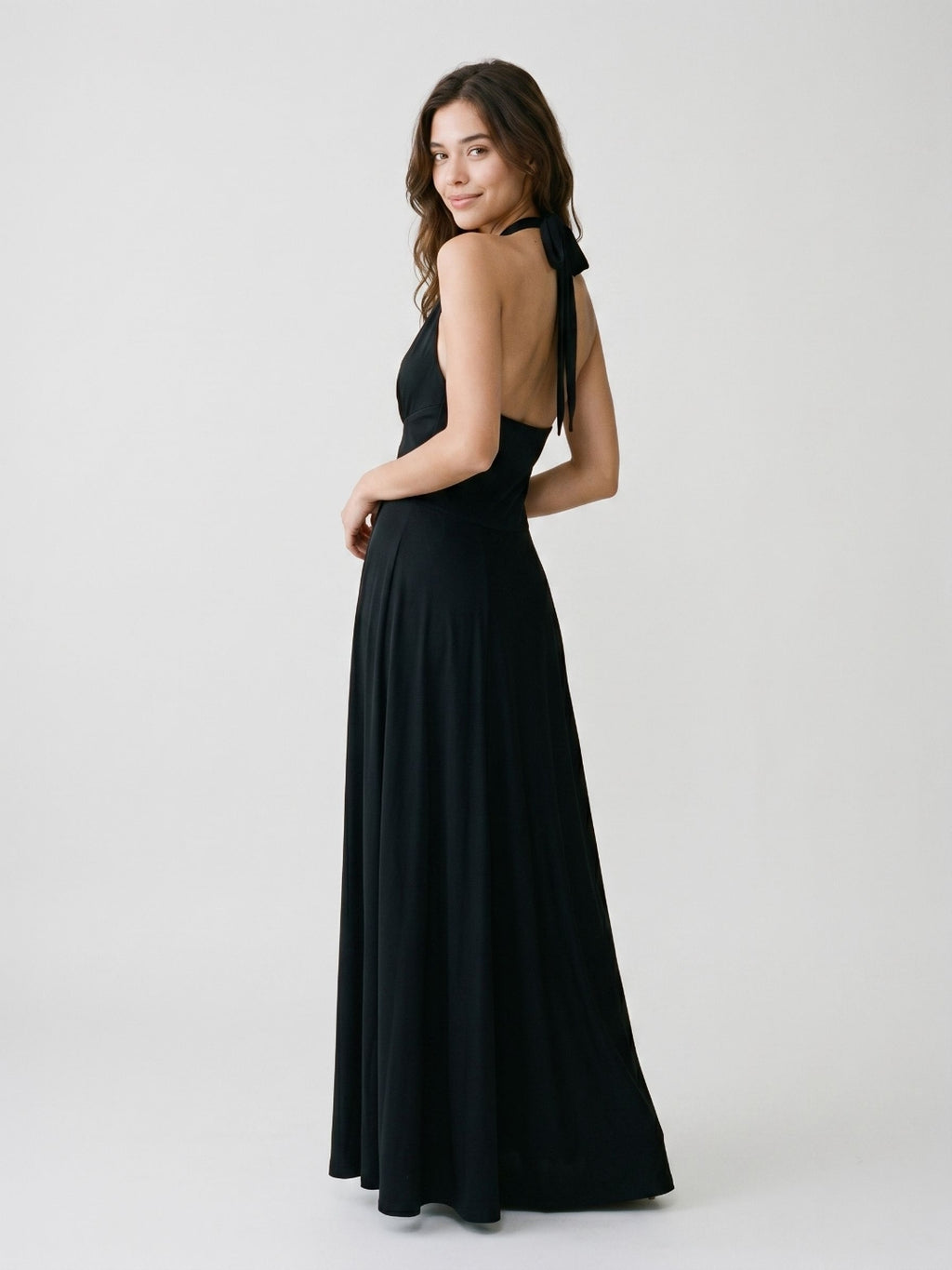Black Stretch Knit A-Line Halter Neckline Side Zip Floor-Length Evening Dress with Pleating