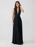 Black Stretch Knit A-Line Halter Neckline Side Zip Floor-Length Evening Dress with Pleating