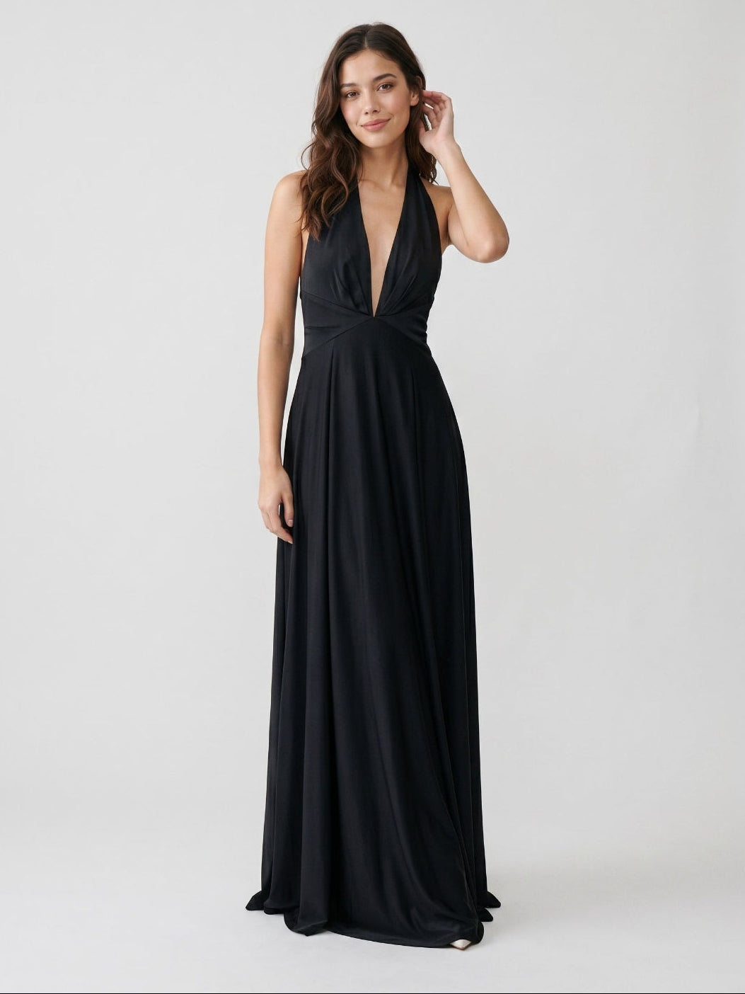 Black Stretch Knit A-Line Halter Neckline Side Zip Floor-Length Evening Dress with Pleating