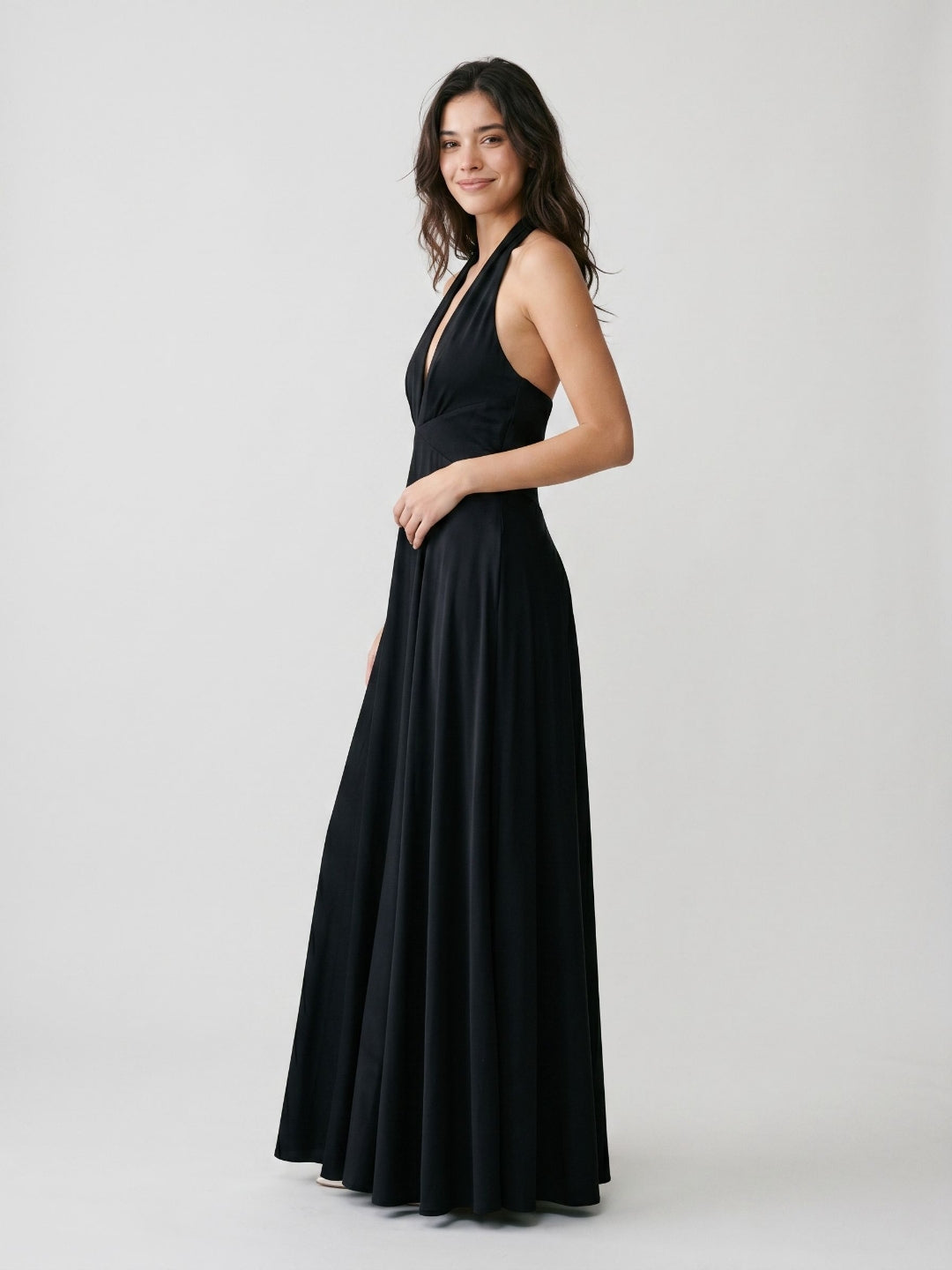 Black Stretch Knit A-Line Halter Neckline Side Zip Floor-Length Evening Dress with Pleating