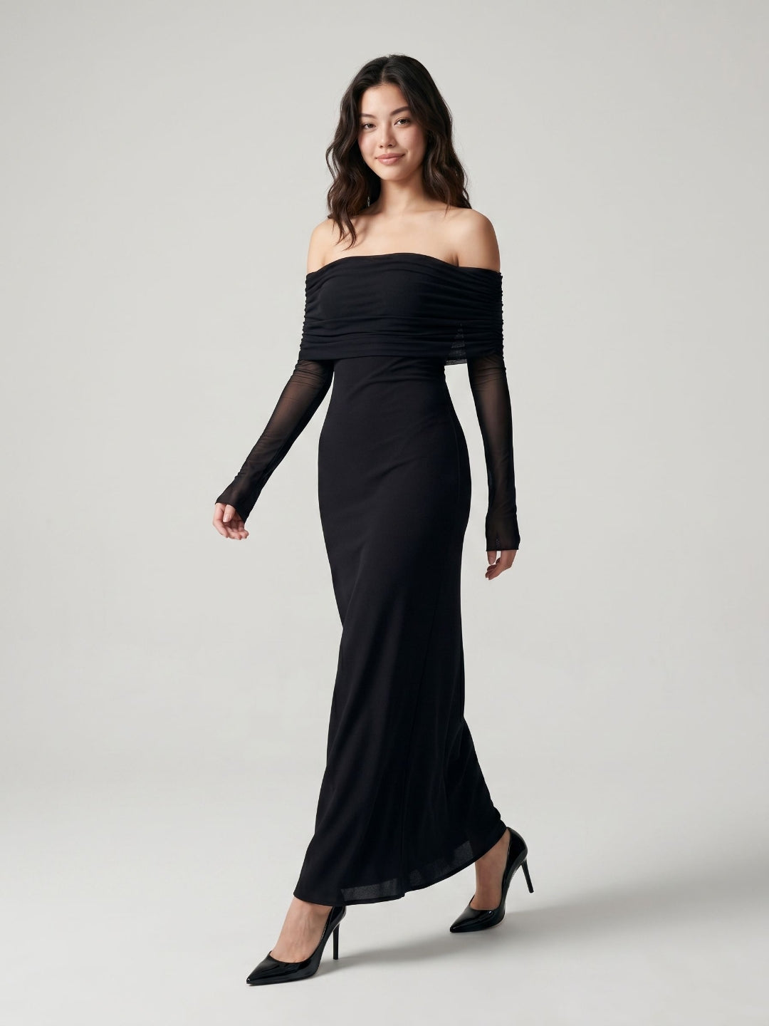 Black Stretch Knit A-Line Off-the-Shoulder Floor-Length Dress