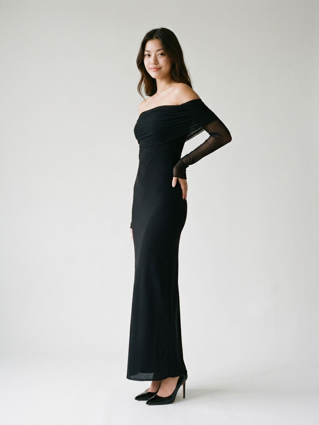 Black Stretch Knit A-Line Off-the-Shoulder Floor-Length Dress