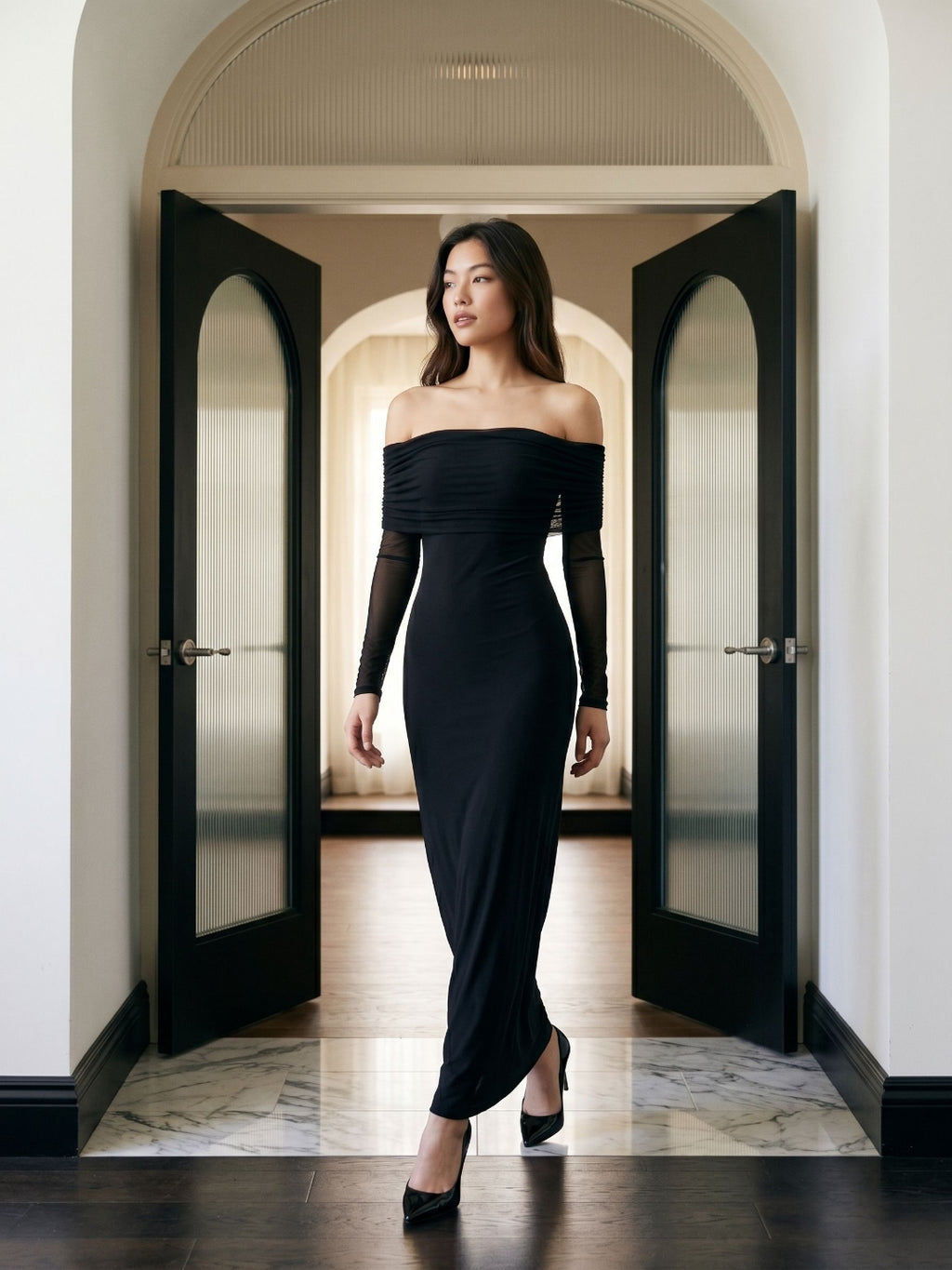 Black Stretch Knit A-Line Off-the-Shoulder Floor-Length Dress
