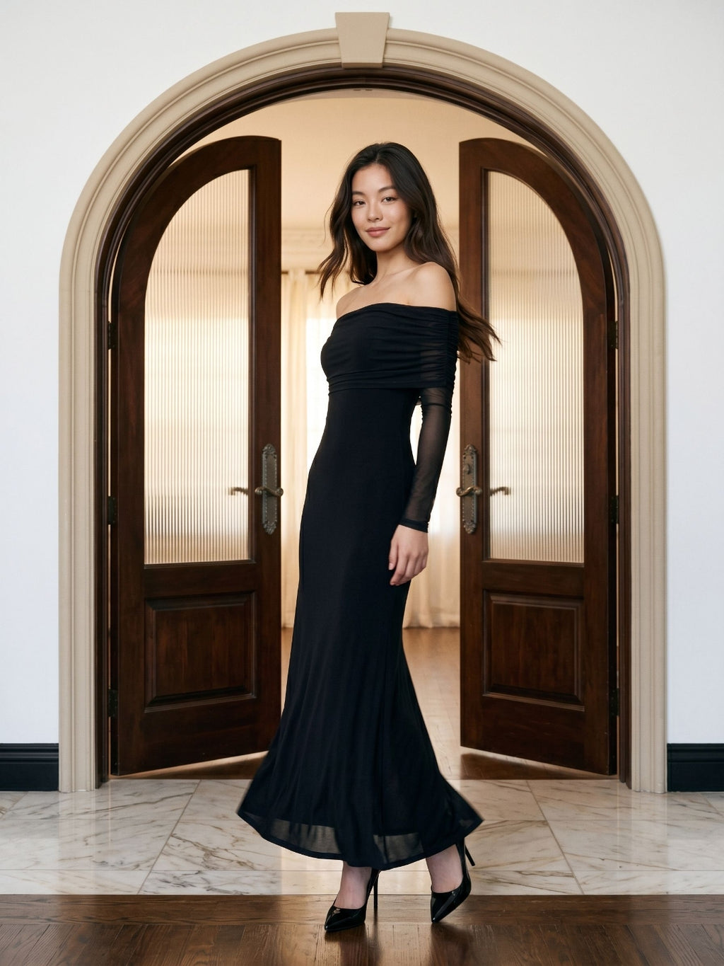 Black Stretch Knit A-Line Off-the-Shoulder Floor-Length Dress