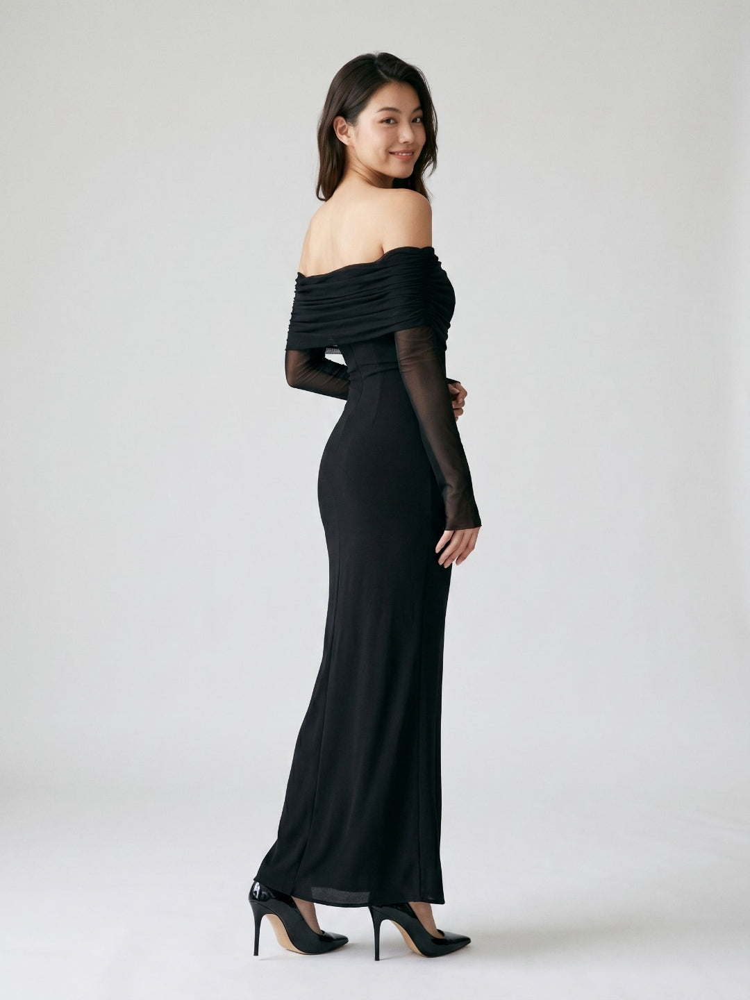 Black Stretch Knit A-Line Off-the-Shoulder Floor-Length Dress