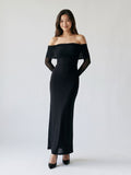 Black Stretch Knit A-Line Off-the-Shoulder Floor-Length Dress