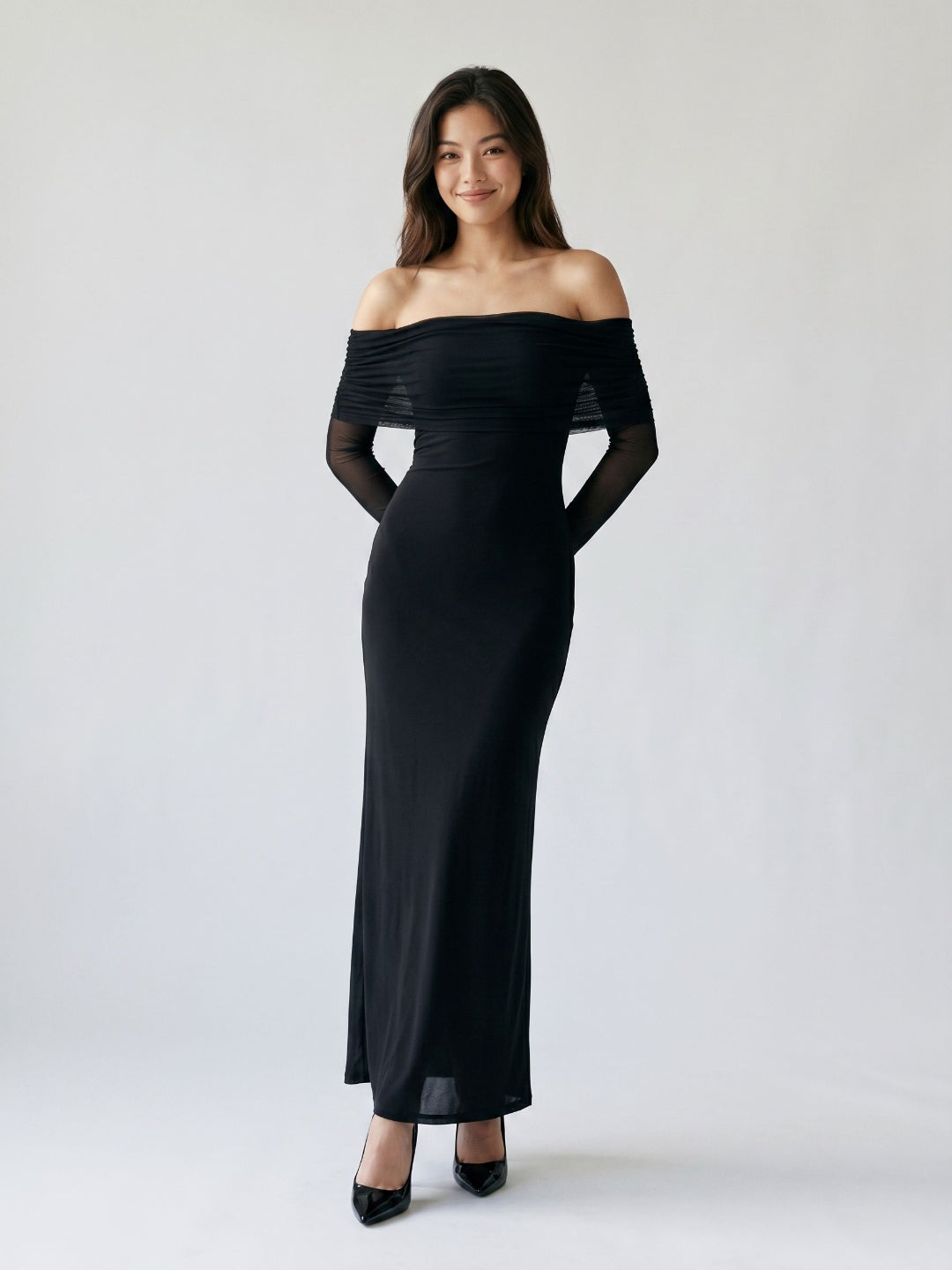 Black Stretch Knit A-Line Off-the-Shoulder Floor-Length Dress