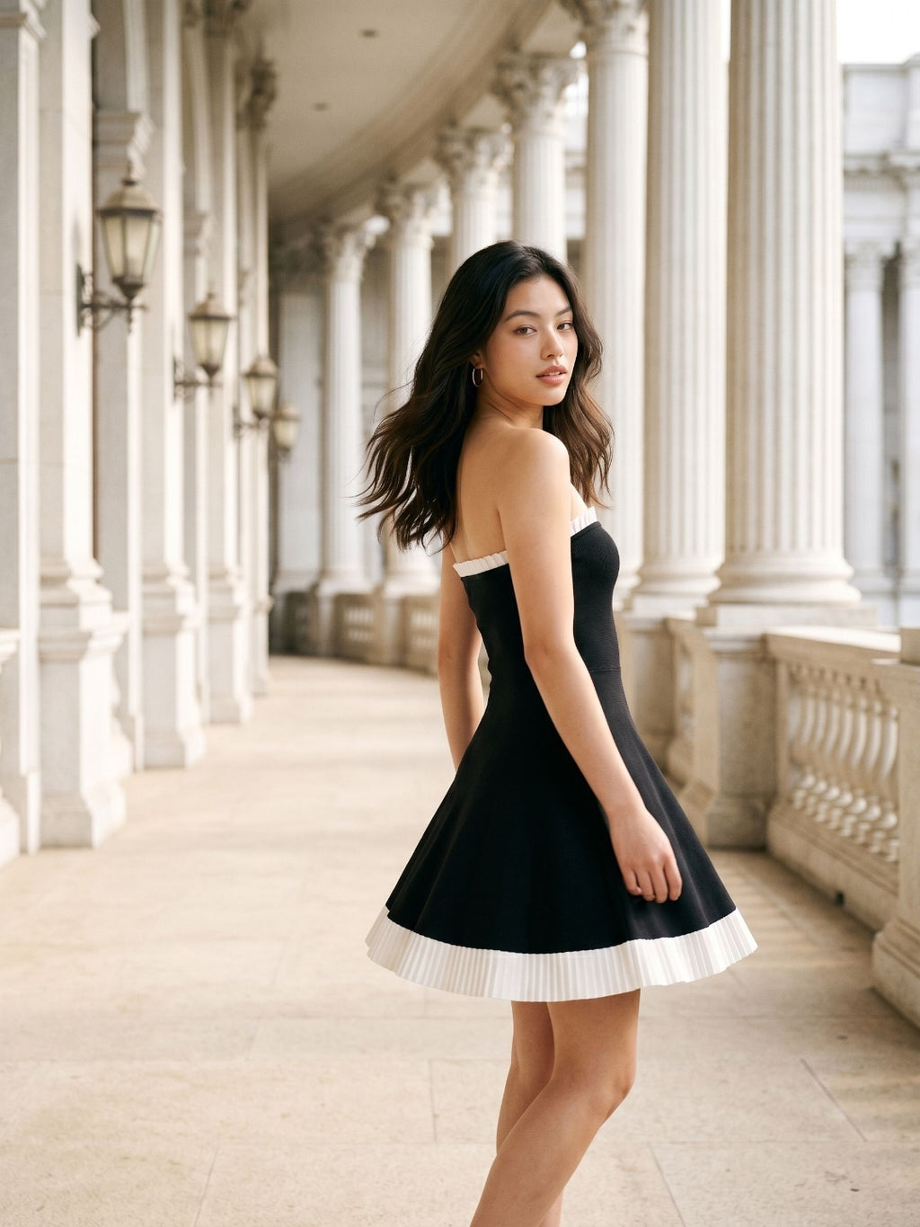Black Stretch Knit A-Line Straight Neck Back Zip Short Birthday Dress with Pleating