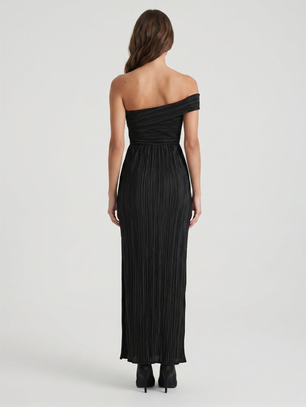 Black Stretch Knit Column Off-the-Shoulder Backless Floor-Length Pleated Bridesmaid Dress