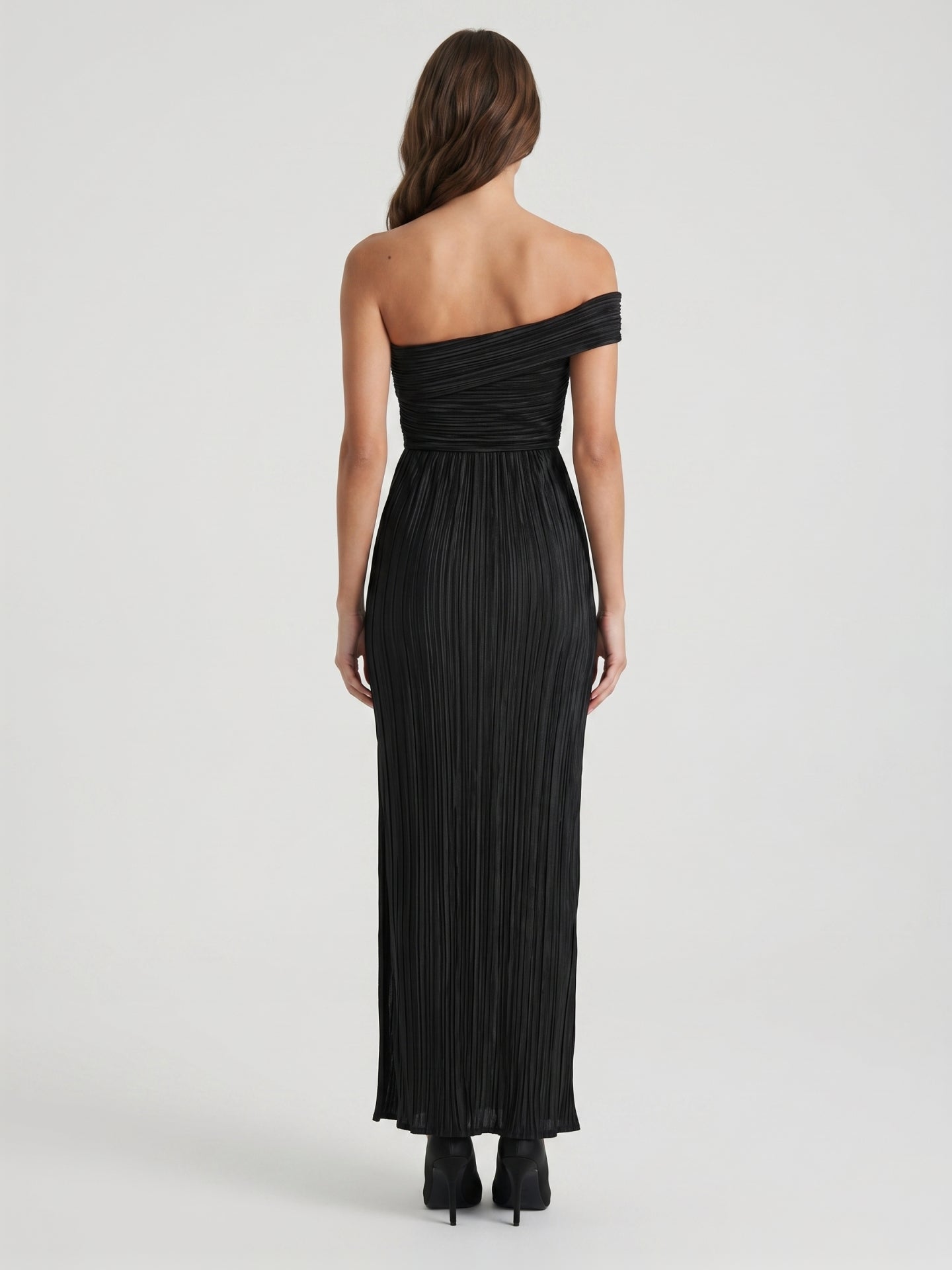 Black Stretch Knit Column Off-the-Shoulder Backless Floor-Length Pleated Bridesmaid Dress