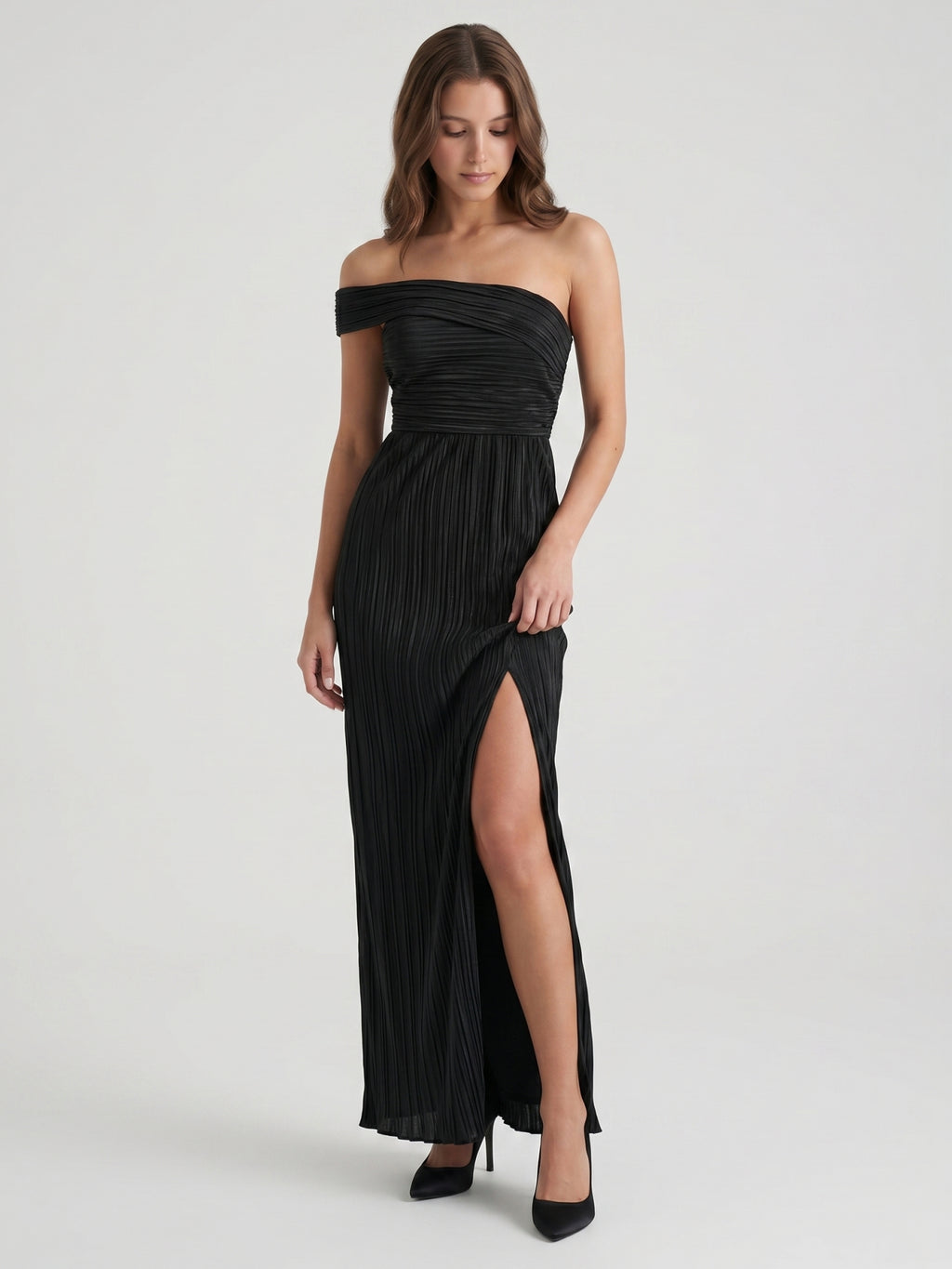 Black Stretch Knit Column Off-the-Shoulder Backless Floor-Length Pleated Bridesmaid Dress