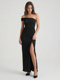 Black Stretch Knit Column Off-the-Shoulder Backless Floor-Length Pleated Bridesmaid Dress
