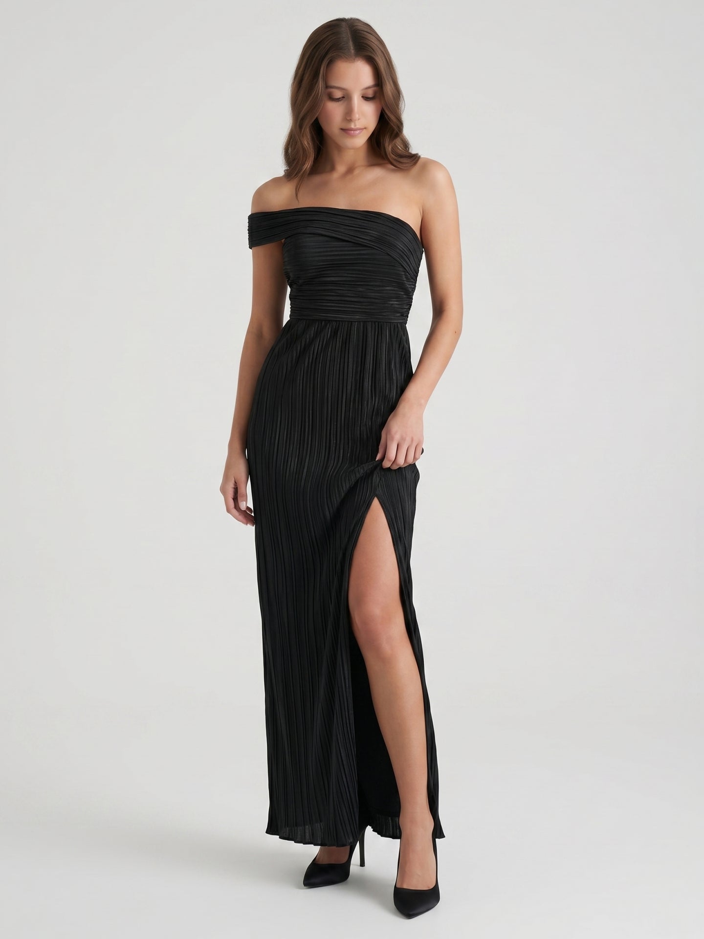 Black Stretch Knit Column Off-the-Shoulder Backless Floor-Length Pleated Bridesmaid Dress
