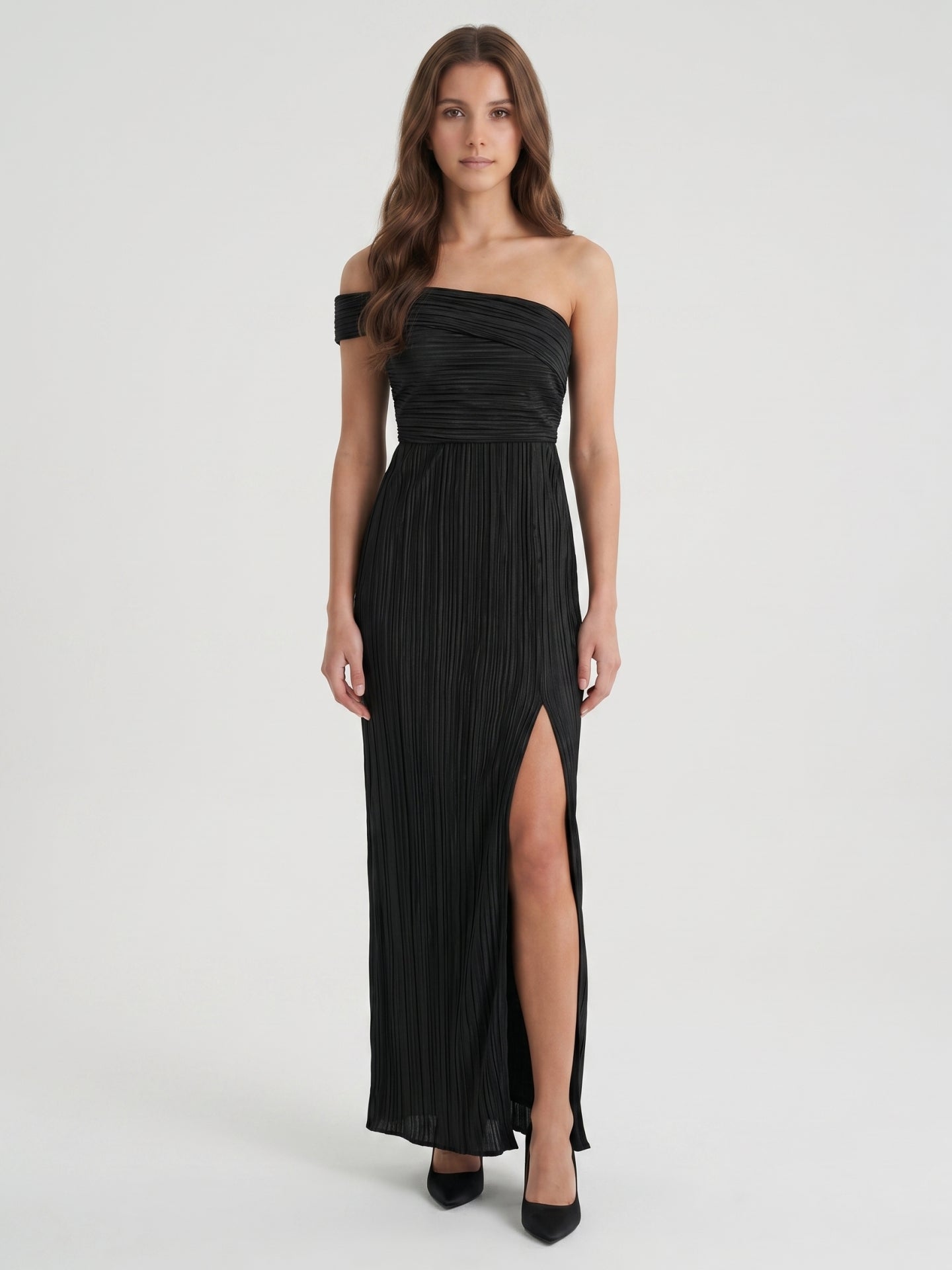Black Stretch Knit Column Off-the-Shoulder Backless Floor-Length Pleated Bridesmaid Dress